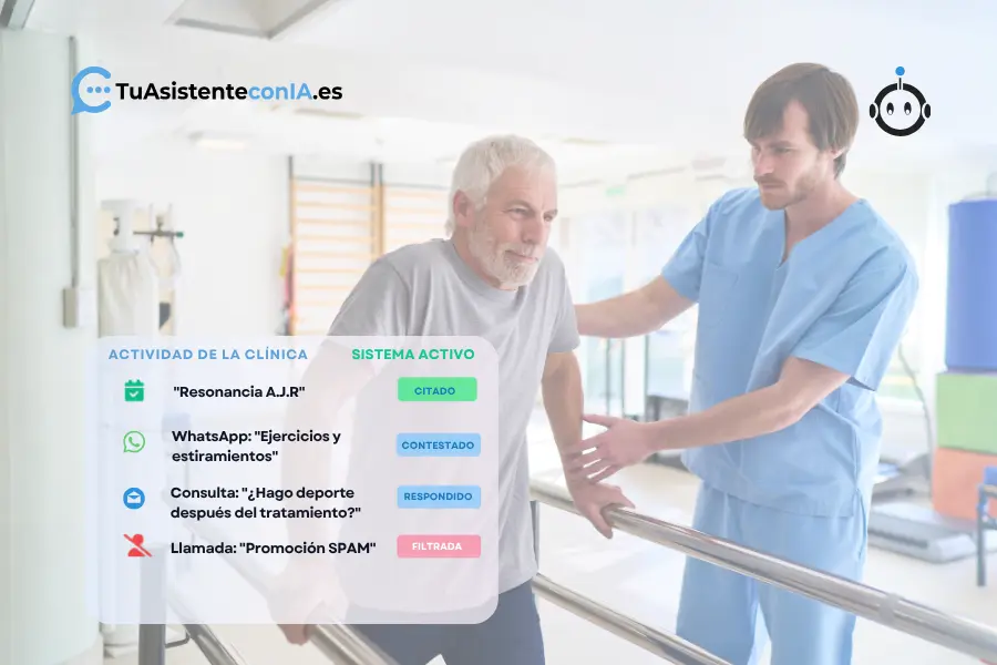 fisioterapeuta ayudando a un hombre en rehabilitación mientras asistente virtual gestiona comunicaciones