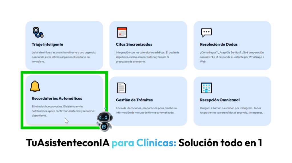 Tu Asistente con IA Inteligencia Artificial para Clínicas y Profesionales Sanitarios Autónomos | Reservas de citas y recordatorios Automáticos con IA