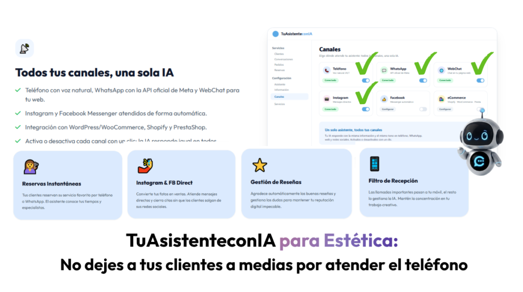 Tu Asistente con IA Inteligencia Artificial para Centros de estética y profesionales de la belleza y el bienestar  | Reservas de citas y mensajes con respuestas automáticas con IA