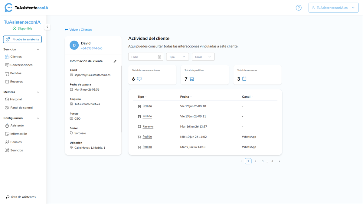 Ficha de cliente con actividad capturada por el asistente con IA